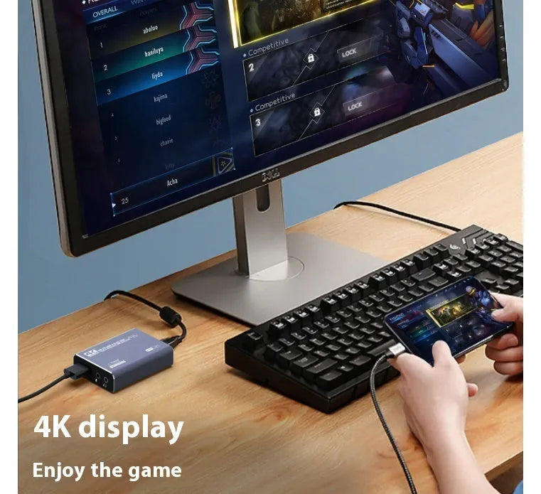 Black 4K HDMI gaming capture box with MS2131 chipset for audio recording