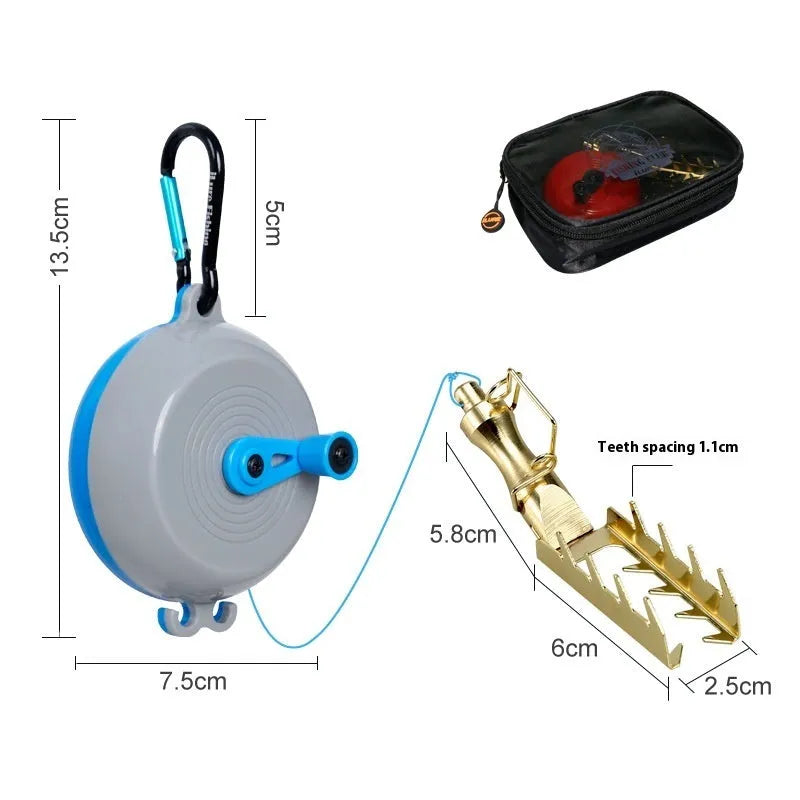 Fishing bait lifter with 7.5cm wheel, 30m PE braided line and stainless steel components in blue grey