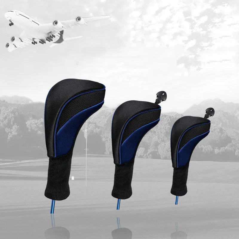 Set of six fabric golf club covers in black, blue, red, and two-tone stripes for driver and fairway wood protection