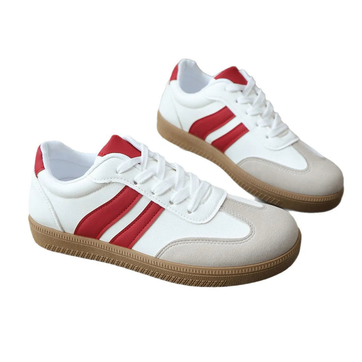 Women's lightweight casual sneakers in red and white, flat heel, round toe, sizes 36-42