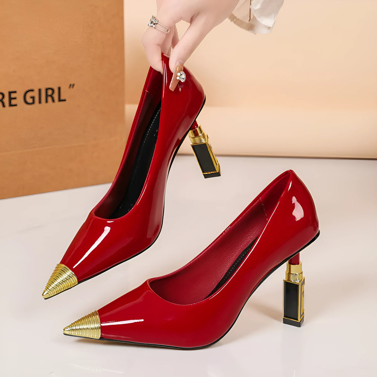 Red and black pointy peep-toe stiletto pumps with metal toe caps, slip-on PU upper and rubber sole, sizes 35-40