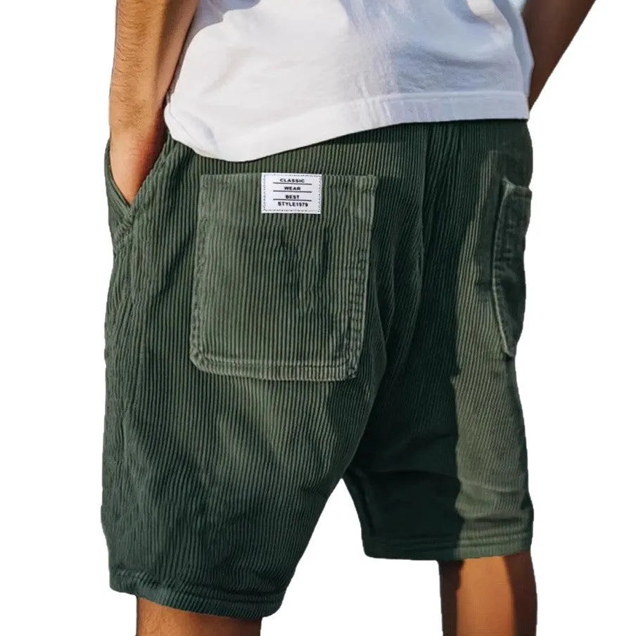 Men's straight-leg corduroy shorts with multiple pockets and embroidery detailing in grey colour