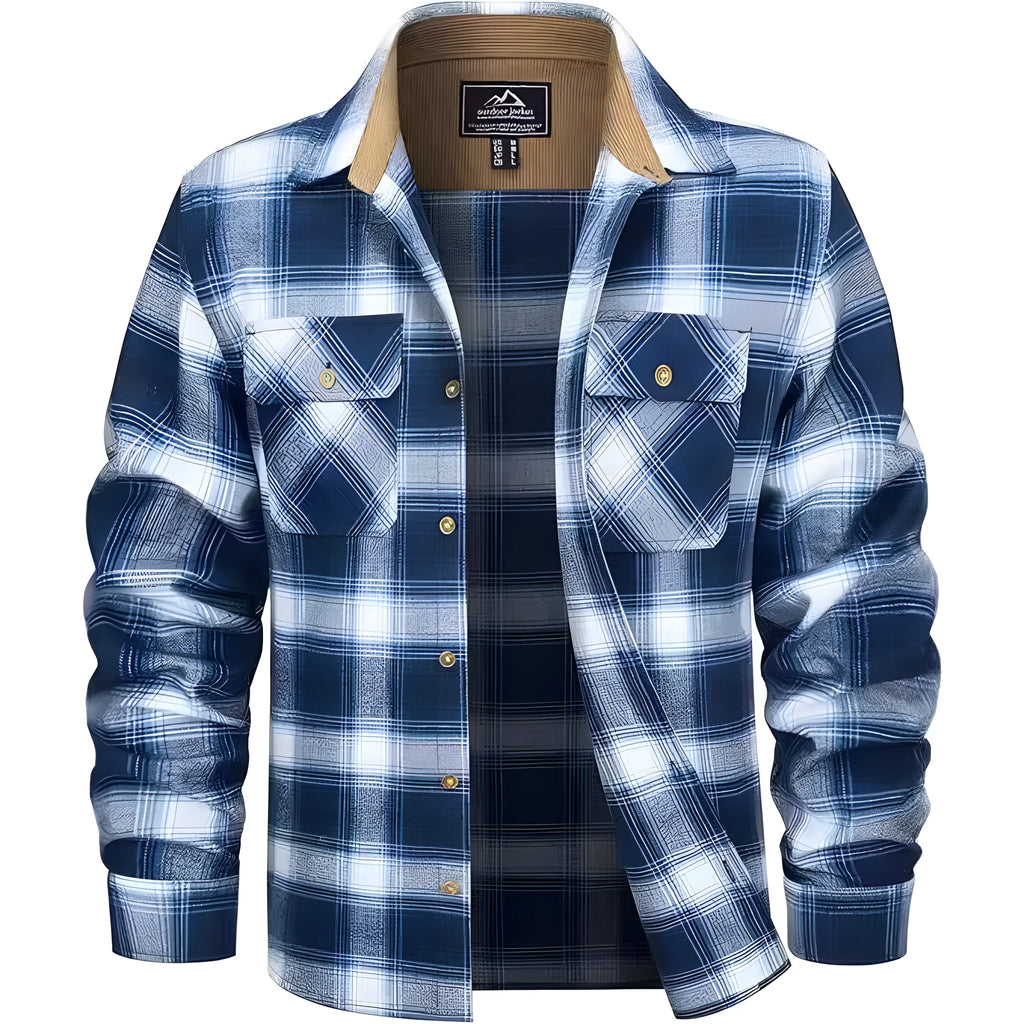 Man wearing a casual plaid button shirt in a winter setting, showing the cardigan style and loose fit.