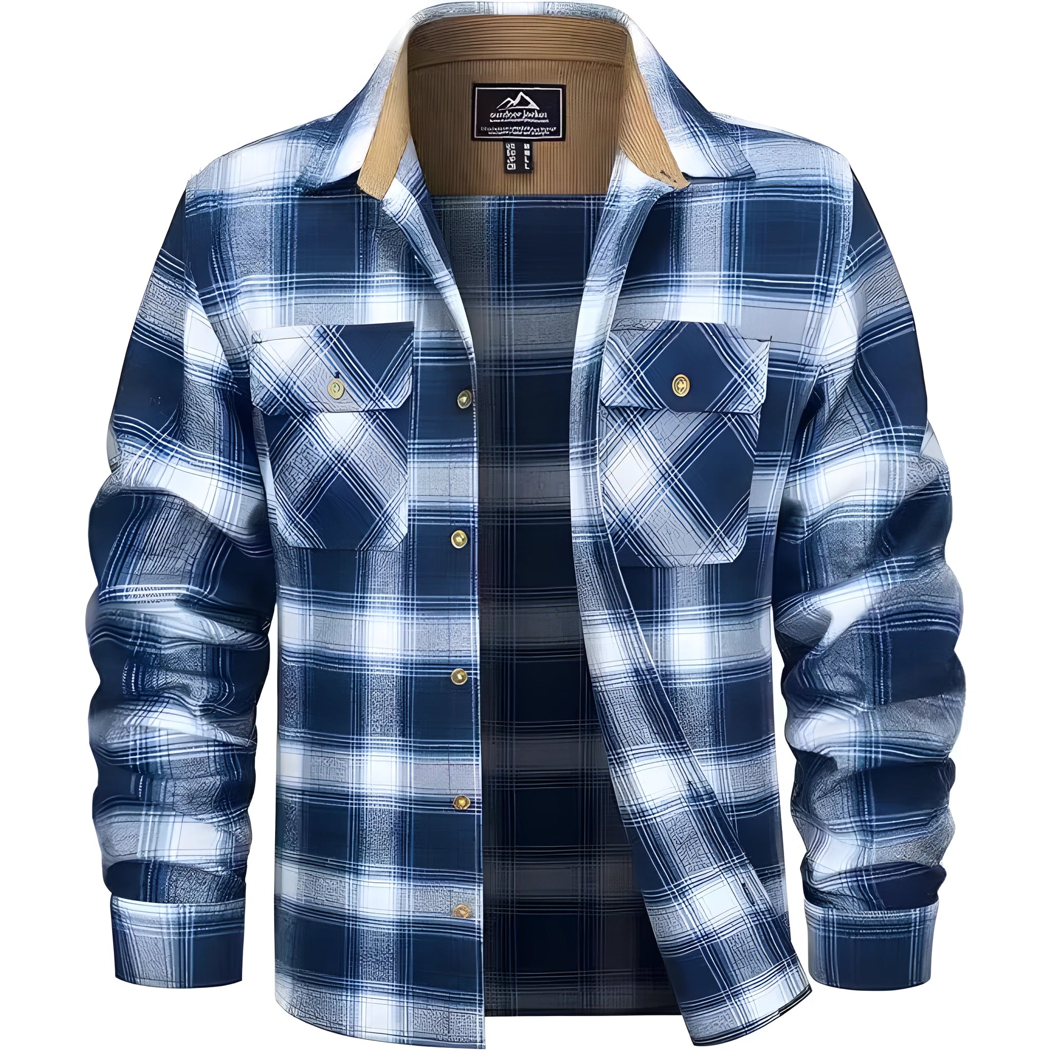 Man wearing a casual plaid button shirt in a winter setting, showing the cardigan style and loose fit.