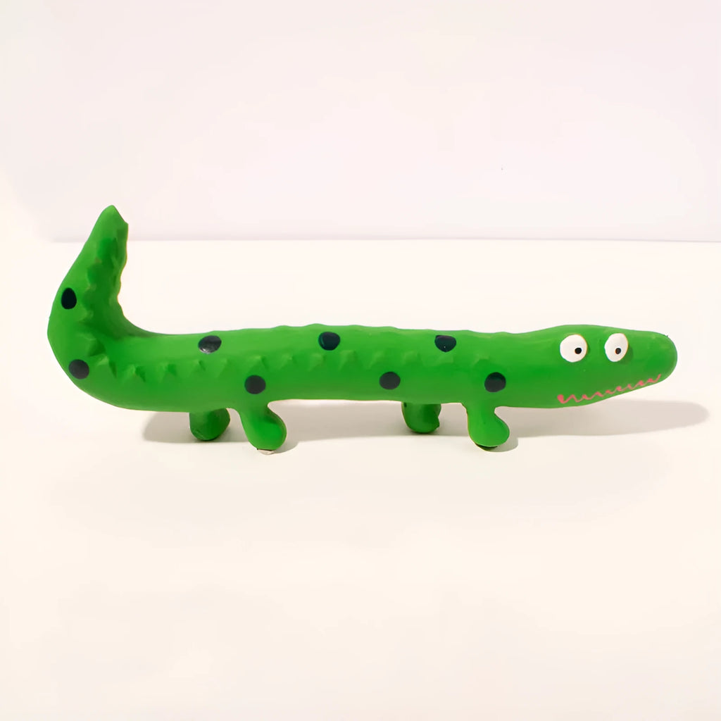Green cartoon lizard-shaped squeaky dog chew toy for aggressive chewers.