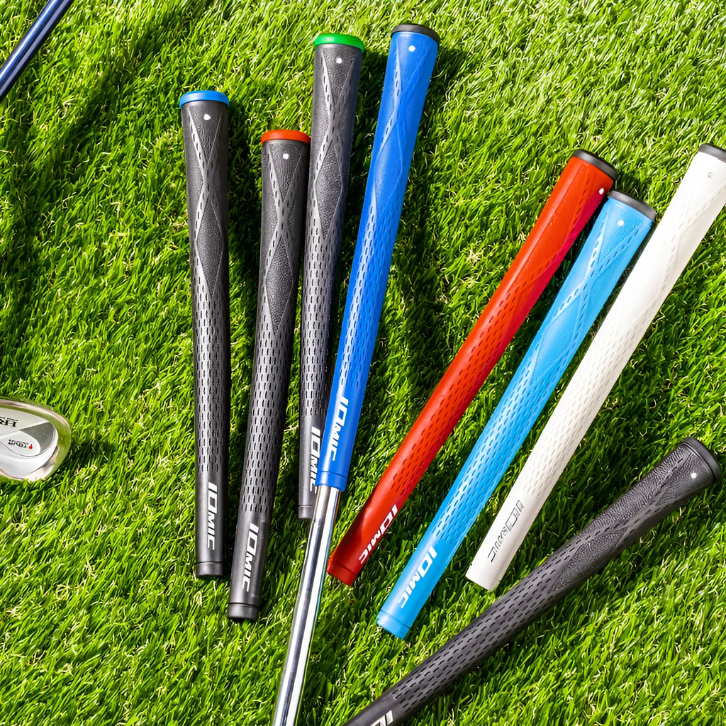 TPE golf club grip in assorted colours including pink, red, and black with blue head on a club shaft.