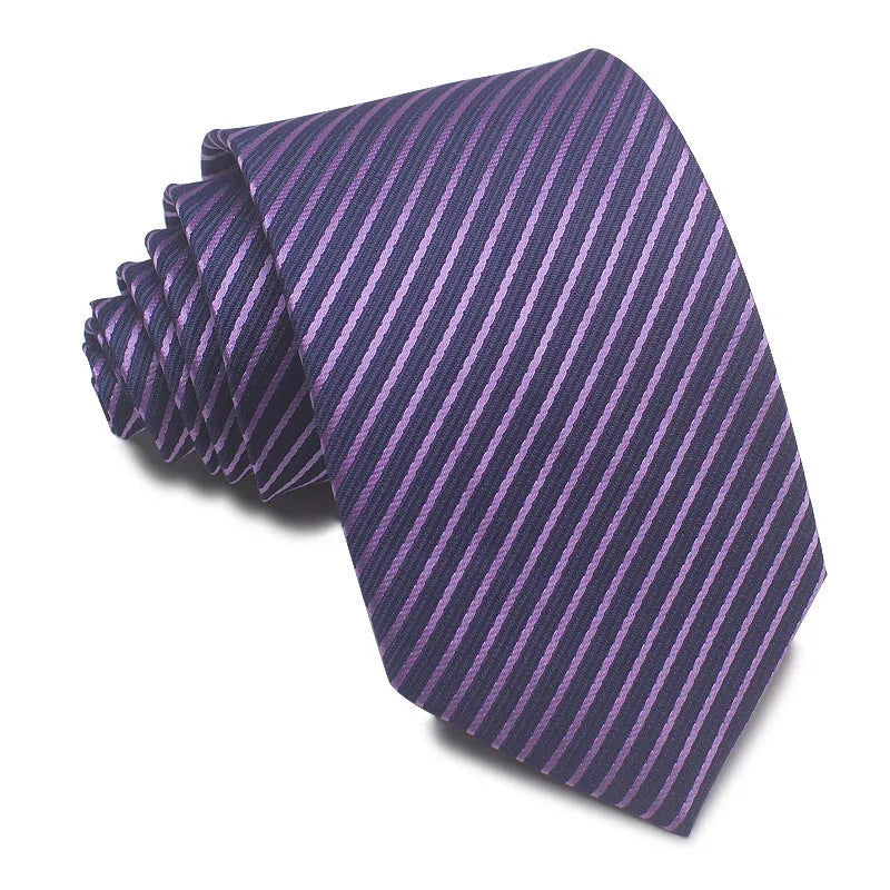 Men's striped jacquard business tie in red, showing arrow head shape and 8cm width.
