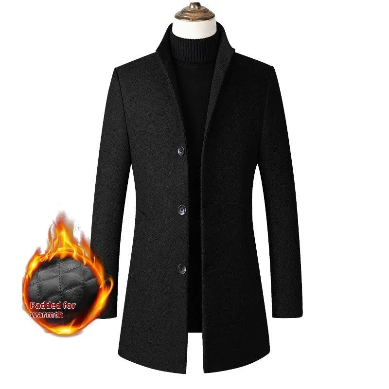 Men's single-breasted stand collar cotton padded wool blend winter trench coat in grey