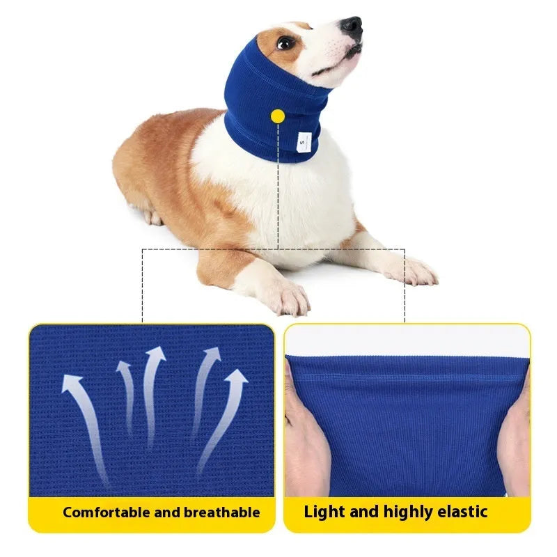 Blue and grey dog headband scarf in soft polyester fabric with adjustable sizing
