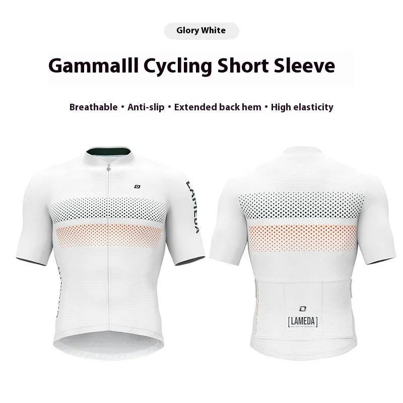 Short-sleeve cycling jersey top in polyester with moisture wicking for mountain and highway bike rides