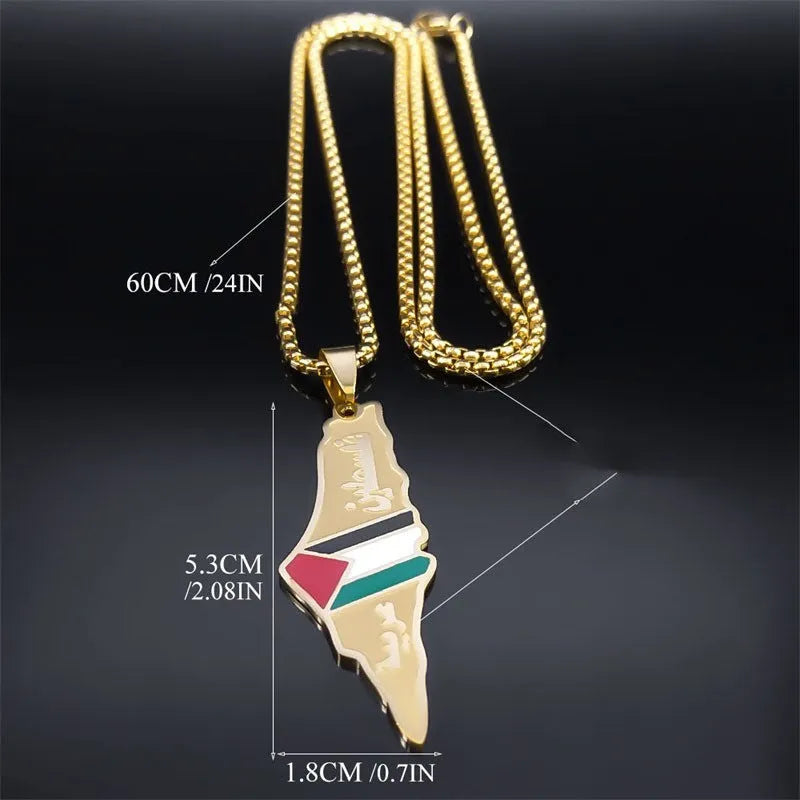 Stainless steel Palestine Israel map pendant necklace gold colour with flag enamel on white background