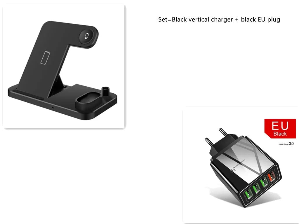 4-in-1 wireless charging dock showing iPhone, Apple Watch, AirPods and Apple Pencil charging simultaneously on adjustable stand.