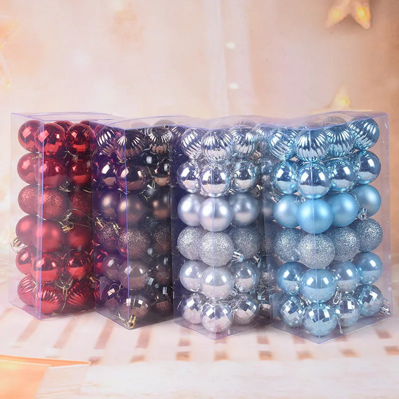 Box of 36 Christmas balls, 4cm diameter, shown in assorted colours including gold, silver, red, and blue
