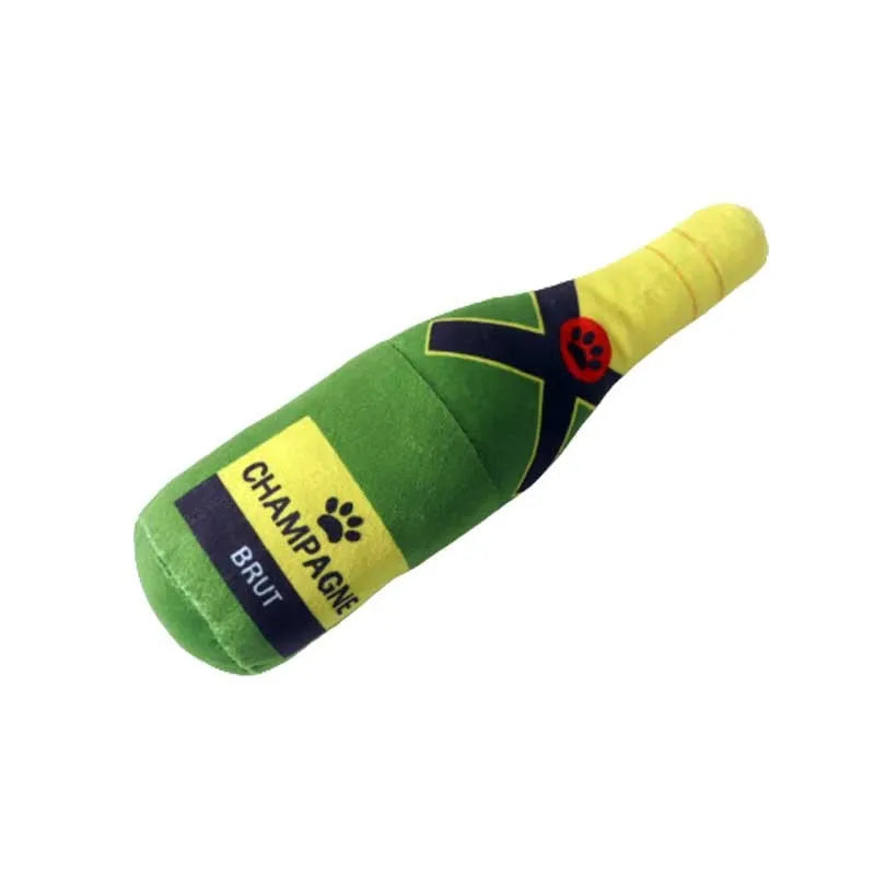 Plush wine bottle pet toy for dogs and cats in assorted colours
