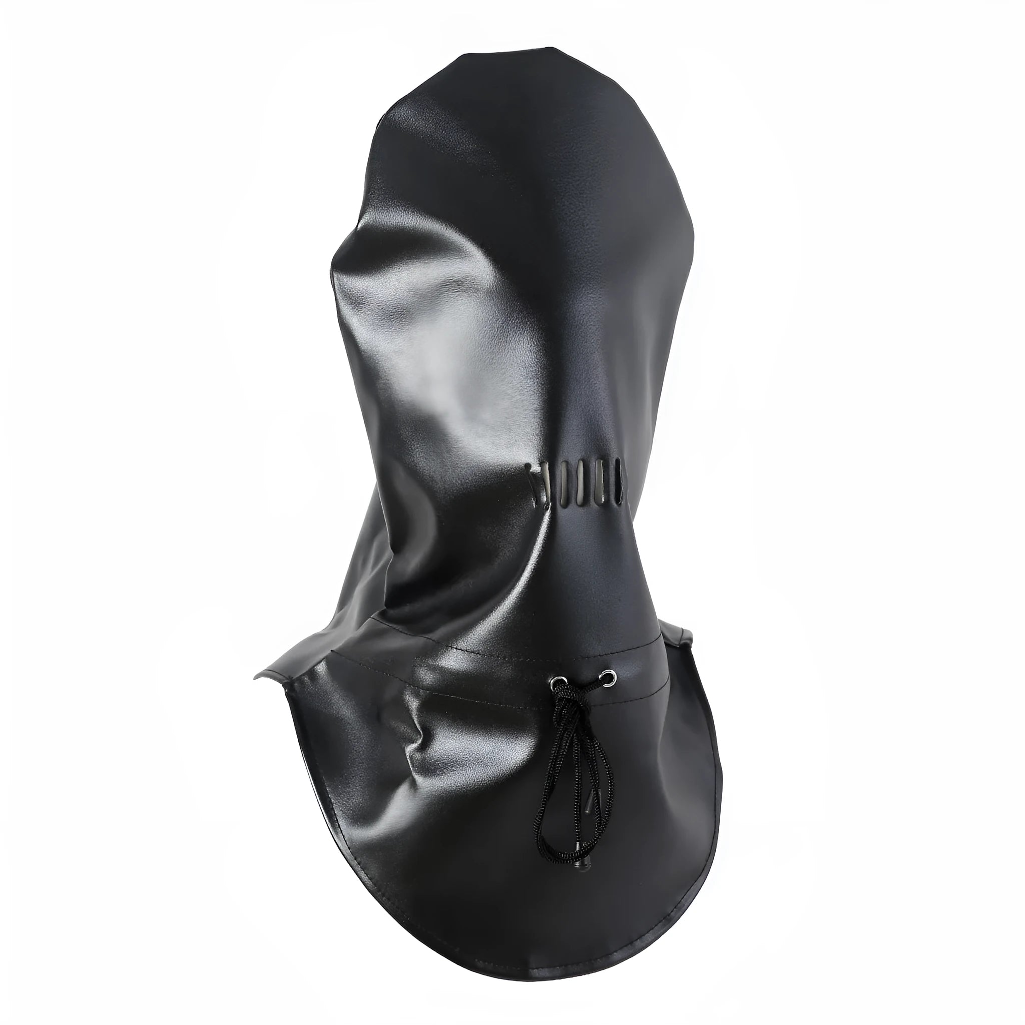 Black PU leather adult roleplay face mask with adjustable straps on a model