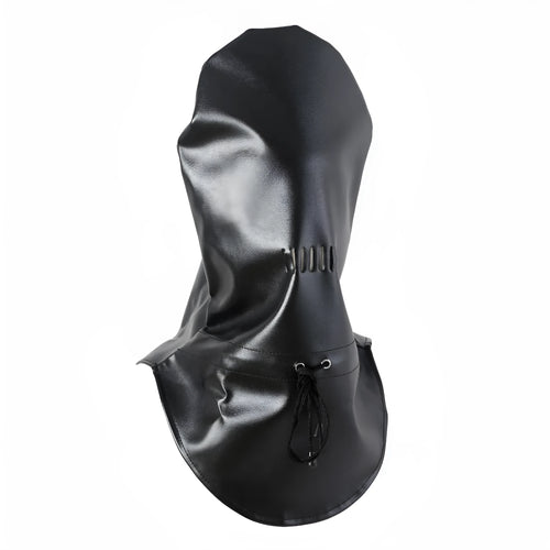 Black synthetic leather face mask for adult training with adjustable straps.