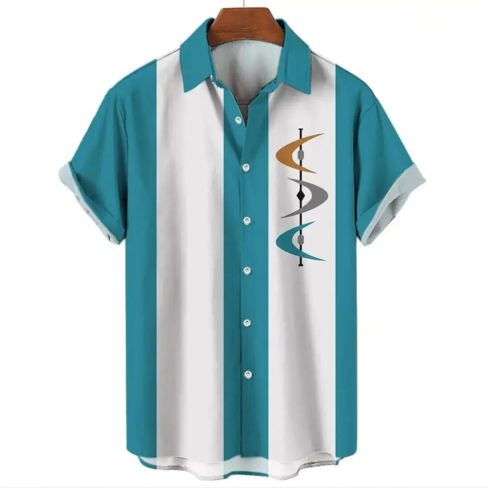 Man wearing a striped short sleeve Hawaiian shirt with button front.