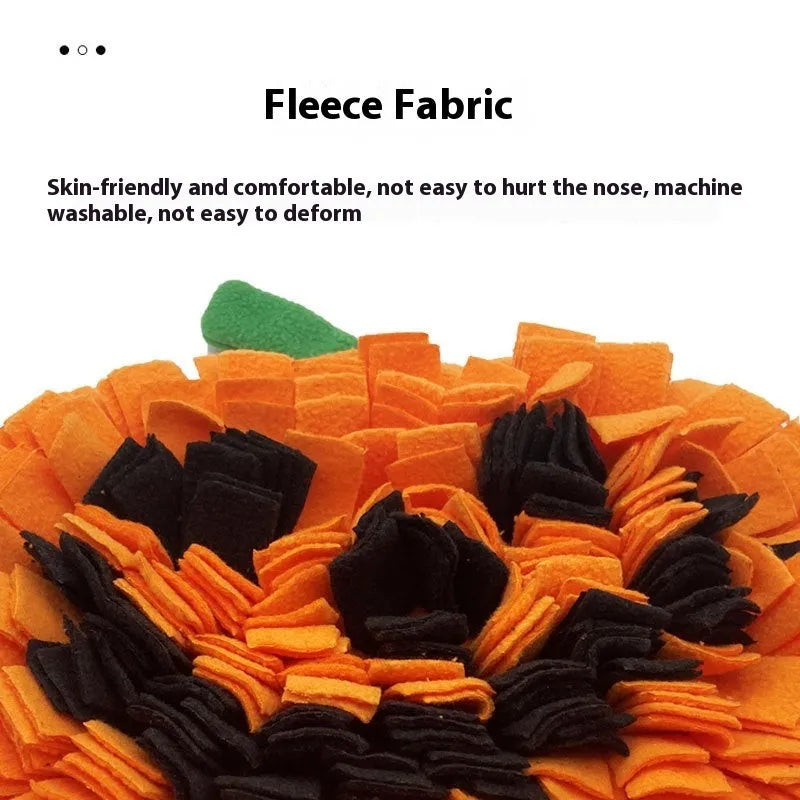 Pumpkin-shaped pet slow feed mat measuring 25x34cm in orange fleece for dog and cat scent training