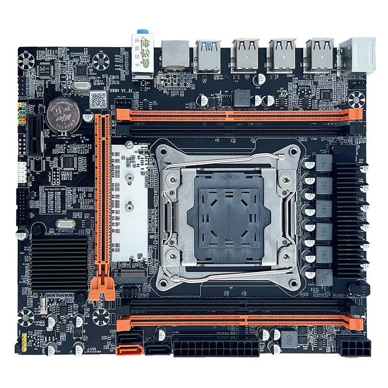 X99 M-ATX motherboard with LGA2011-3 socket, DDR4 support, and M.2 NVMe SATA interface
