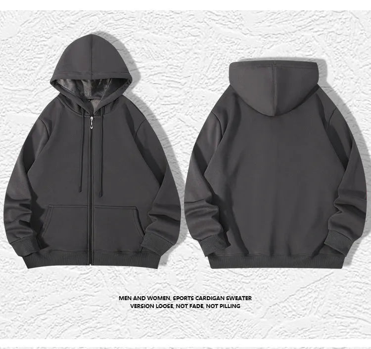 Men's plus size heavyweight zipper hooded sweater cardigan in beige colour showing front zipper and hood