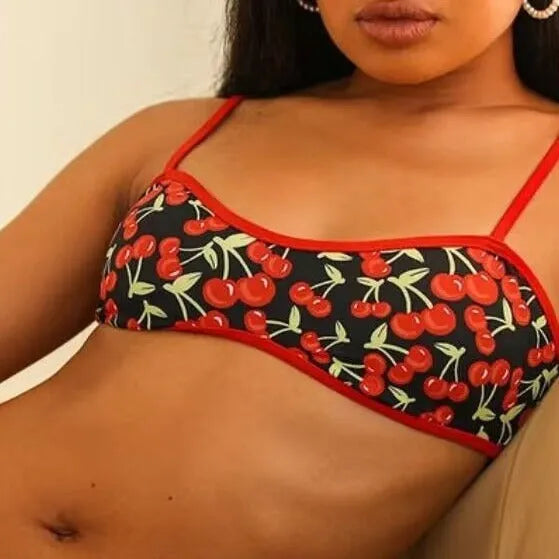 Women's cherry print floral bikini swimsuit with tube top on hanger