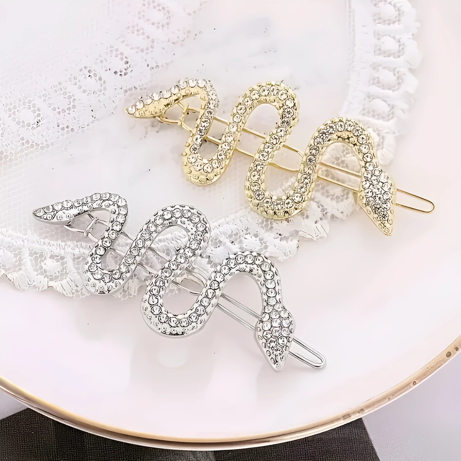 Korean vintage snake design hair clip barrette with rhinestone details