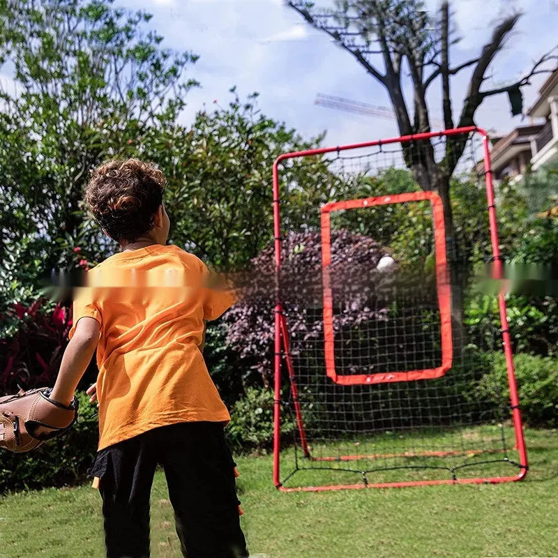 Red portable baseball training net with metal frame folded to 95x16x14.5cm size