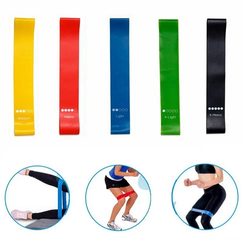 Set of five coloured yoga tension straps showing different resistance levels for fitness training
