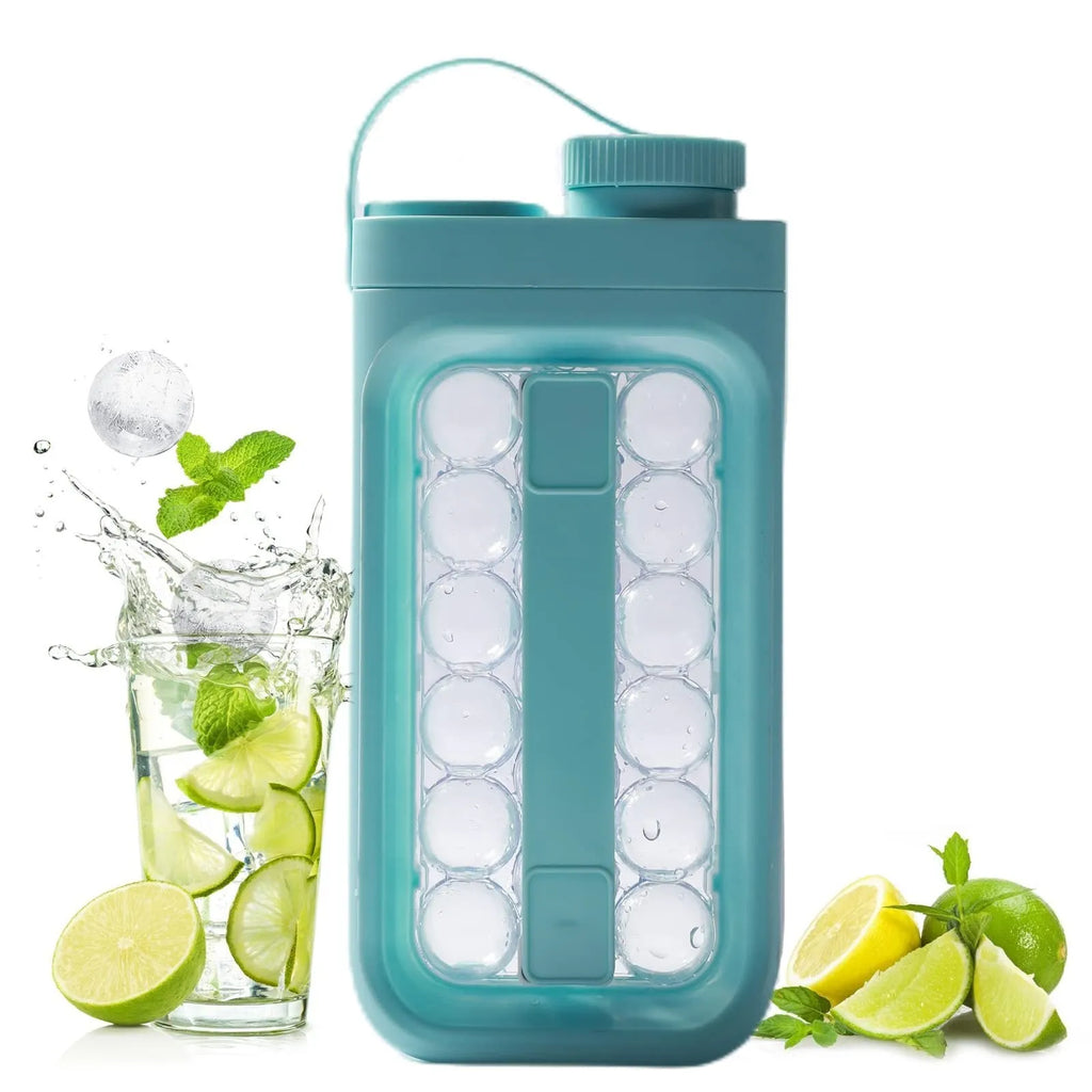 2-in-1 portable ice ball tray and water bottle with quick-release mould, light blue colour, 17 ice balls capacity