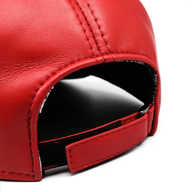 Lambskin genuine leather baseball cap, unisex adjustable one size, letter detail, blue black red options