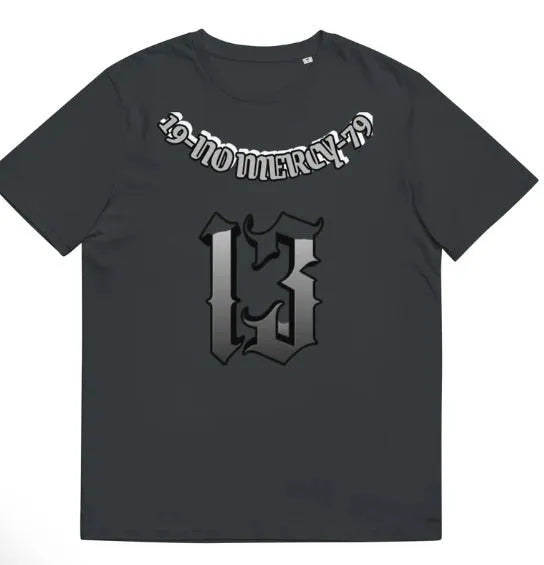 Man wearing a black casual T-shirt with a colourful 3D digital print graphic on the front.