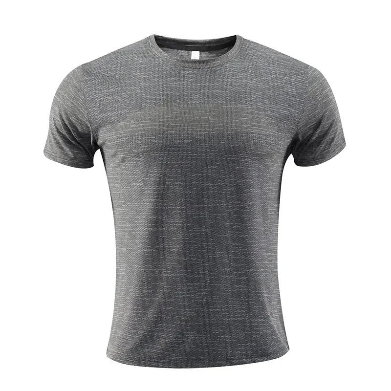 Short sleeved polyester spandex running t-shirt shown in multiple colour options.