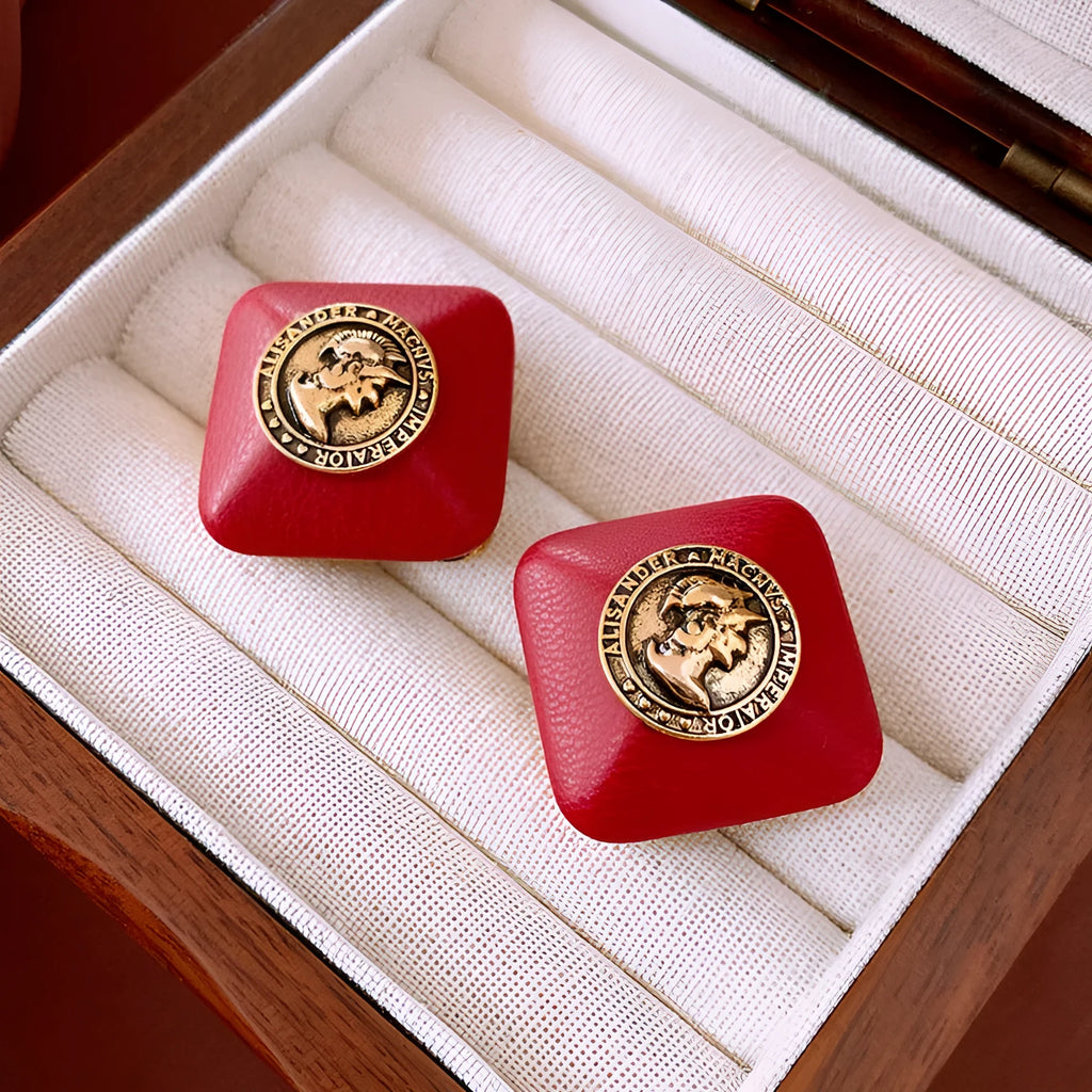 Red diamond-shaped faux leather portrait earrings with silver needle and electroplated alloy, geometric quadrilateral design for women