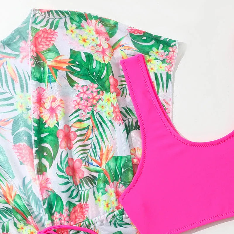 Girls' floral two-piece swimsuit in polyester on a white background, showing briefs style.
