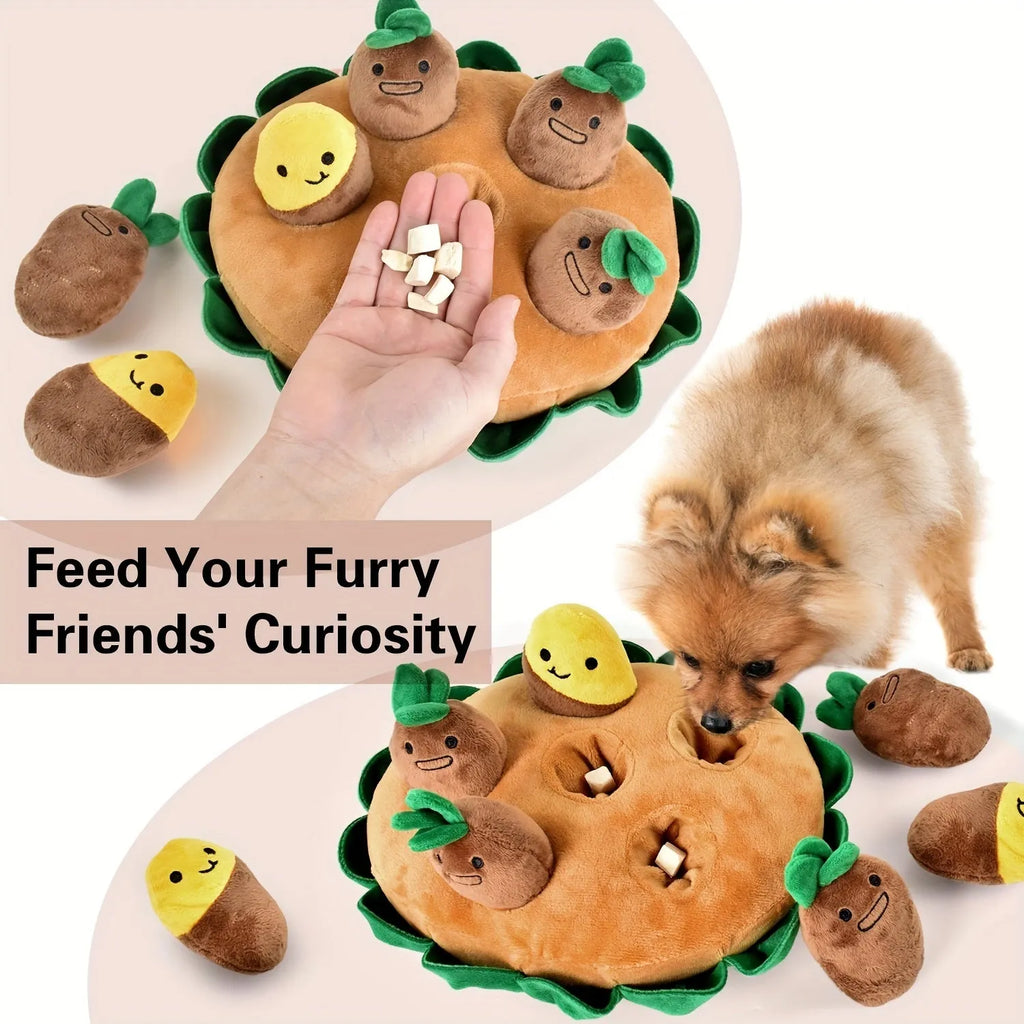 Yellow interactive dog puzzle foraging pad with removable squeaky plush toys on a 40 cm square polyester base.