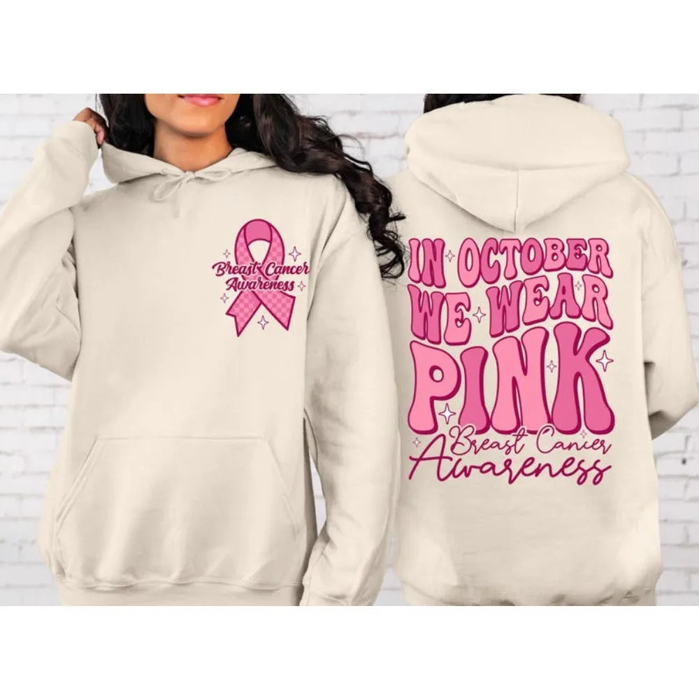 Pink Breast Cancer Awareness pullover hoodie with side seam pockets and hot stamping decorative elements