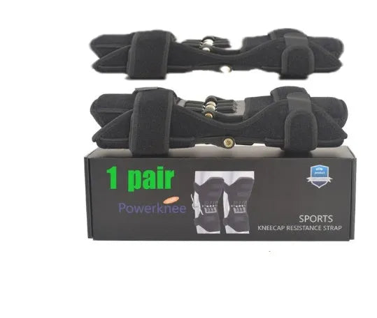 Black adjustable knee brace with patella support and visible booster spring mechanism for sports.