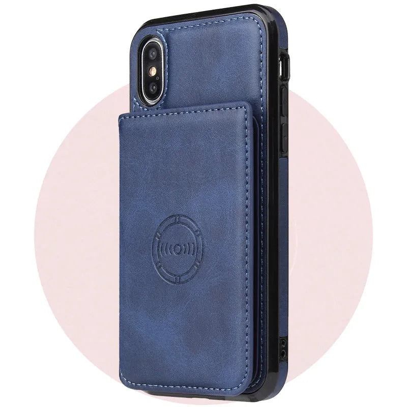 Imitation leather wallet phone case for iPhone in black, showing card slots on the back.