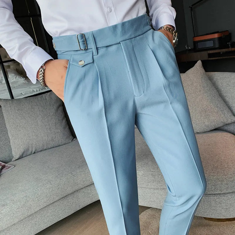 Men's straight-leg casual trousers in a solid colour, laid flat to show the fit and detailing.