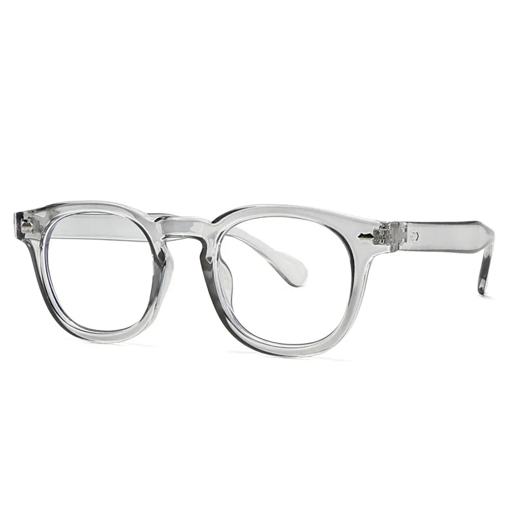 Simple round rim retro sunglasses on a plain background showing bright black frame with blue lenses.