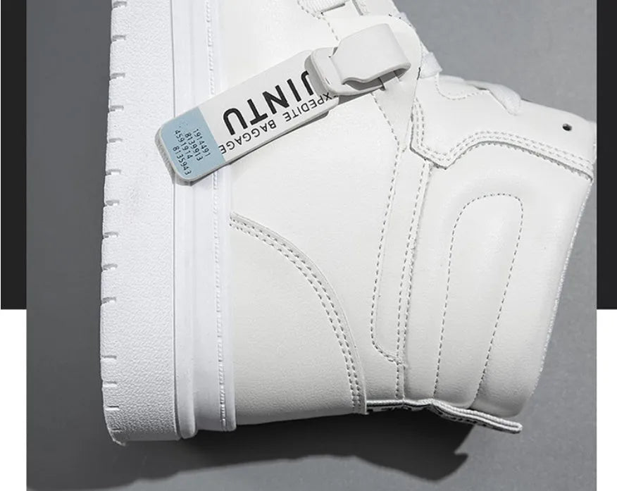 Men's Korean style short boots in white with faux leather upper, side view showing clean silhouette