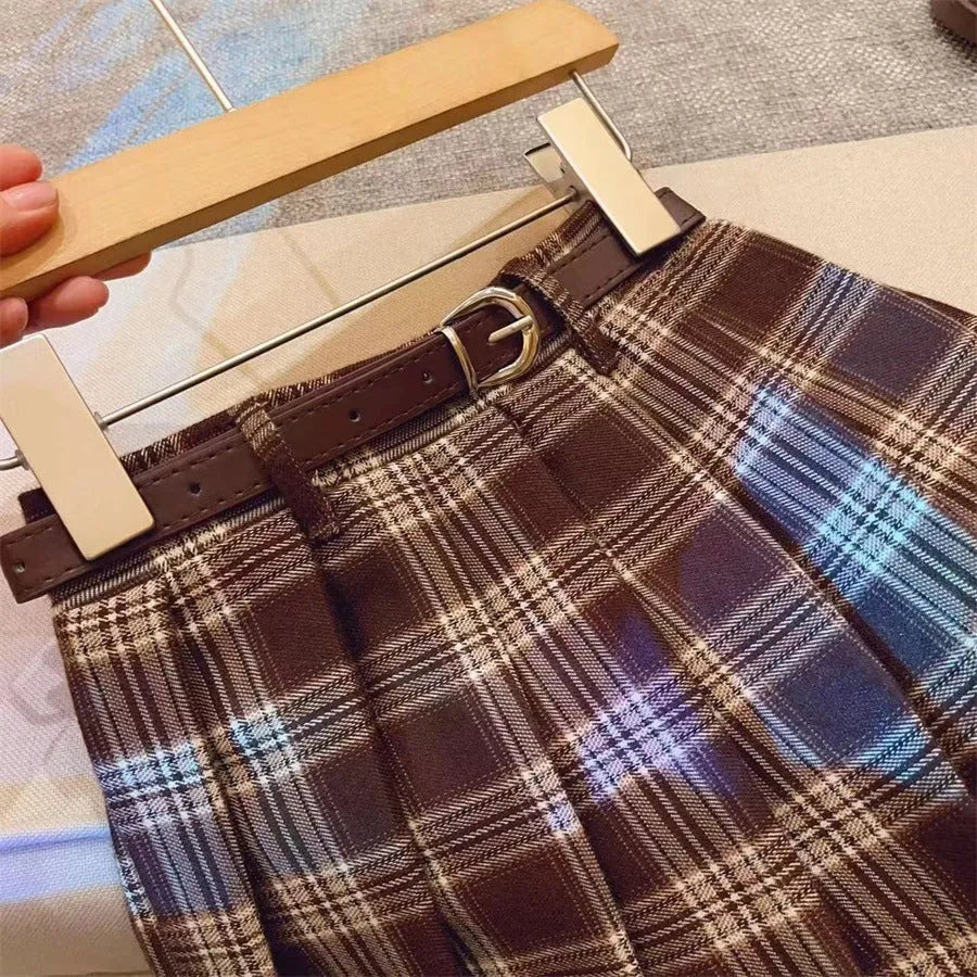 Girls plaid pleated A-line skirt in cotton blend fabric for spring and autumn casual wear