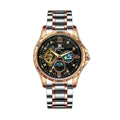 Men's automatic mechanical watch with large black dial and rose gold case.