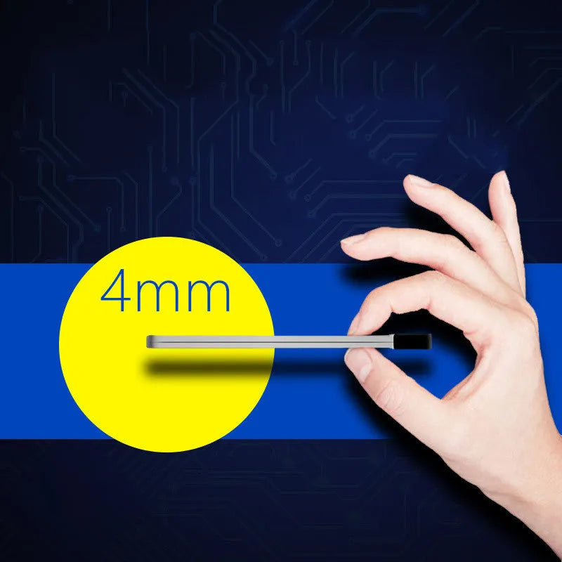 Silver ultra-thin 4mm graphene power bank next to a mobile phone showing its slim profile.