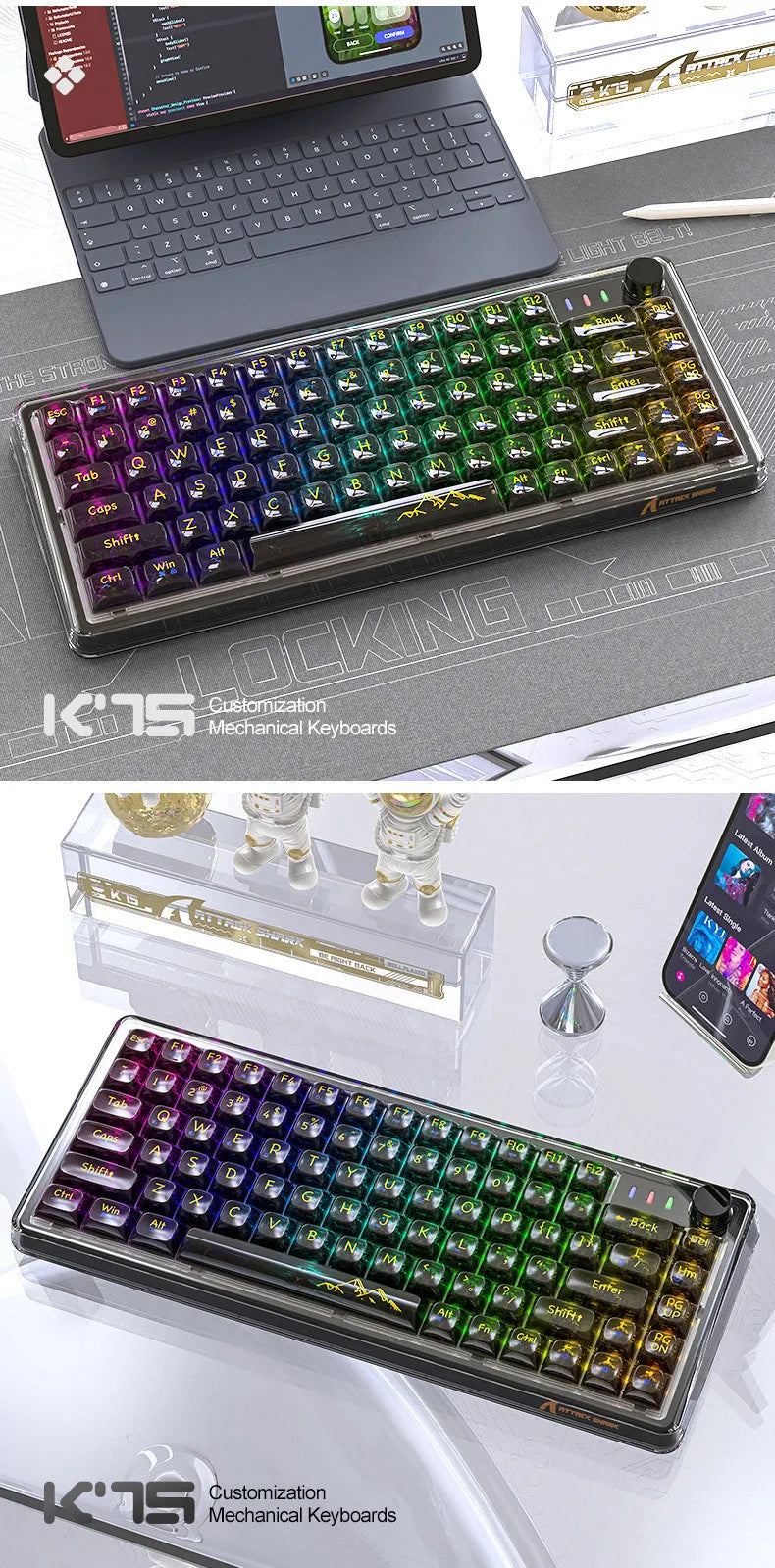 Attack Shark K75 RGB wireless mechanical keyboard with transparent black case showing RGB lighting and compact 75% layout