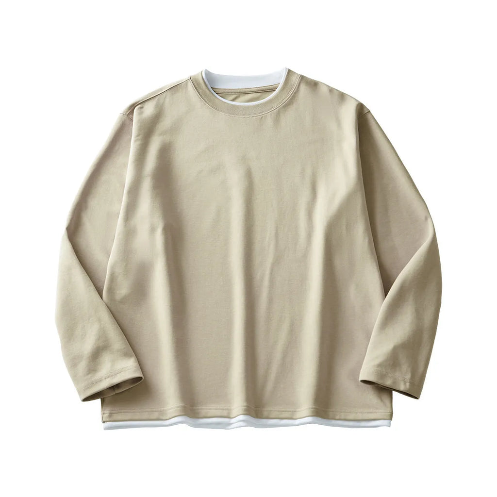 Men's loose fit long-sleeved cotton blend T-shirt in solid colour with contrast details