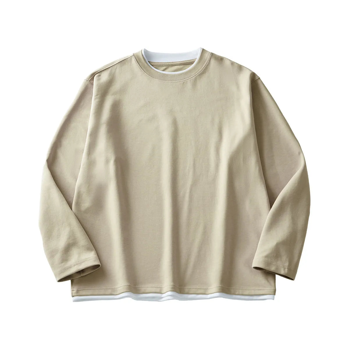 Men's loose fit long-sleeved cotton blend T-shirt in solid colour with contrast details