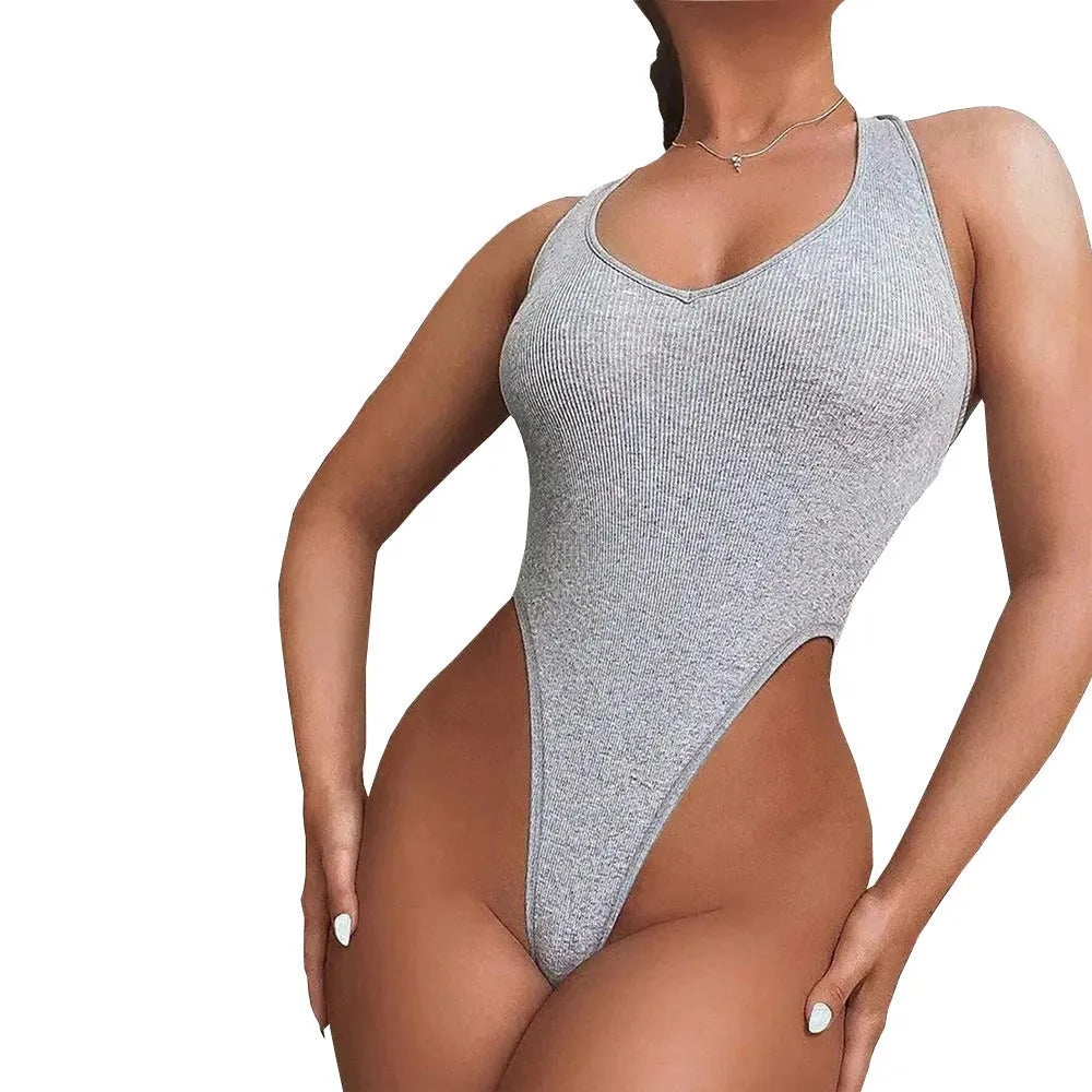 Grey halter neck sleeveless jumpsuit with high waist and shorts for women, sizes S to XL, viscose fibre.