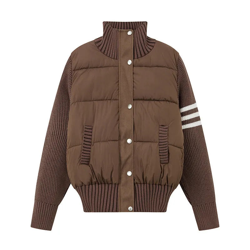 Women's casual cotton-padded jacket with knitted stitching colour contrast in beige, featuring pockets and regular sleeves
