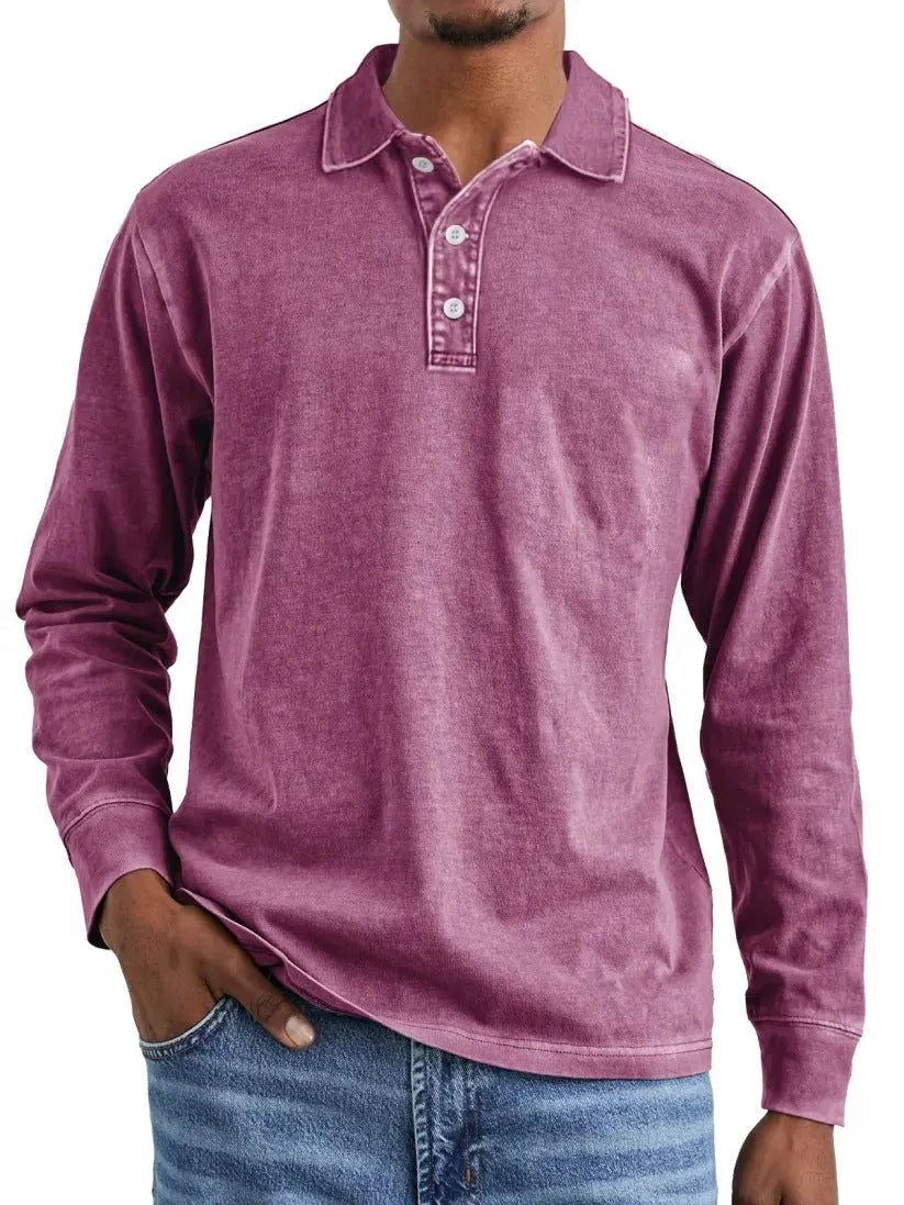 Men's long sleeve lapel polo shirt in washed cotton, shown in Army Green colour.